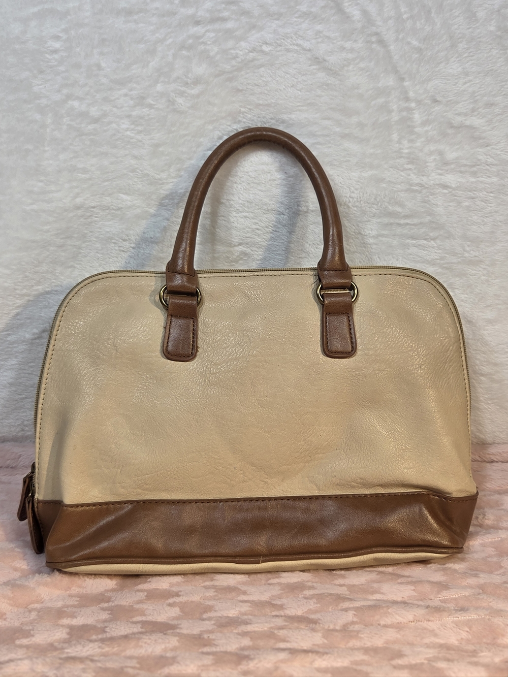 Bueno Classic Two-Tone Beige and Brown Satchel Handbag